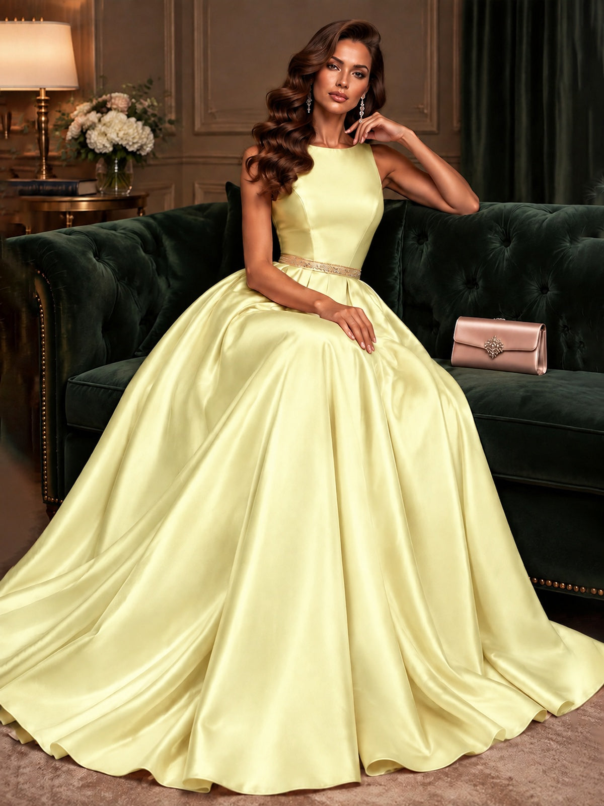 Satin A-Line Prom Dress Sleeveless Beaded Waist Formal Gown with Pockets