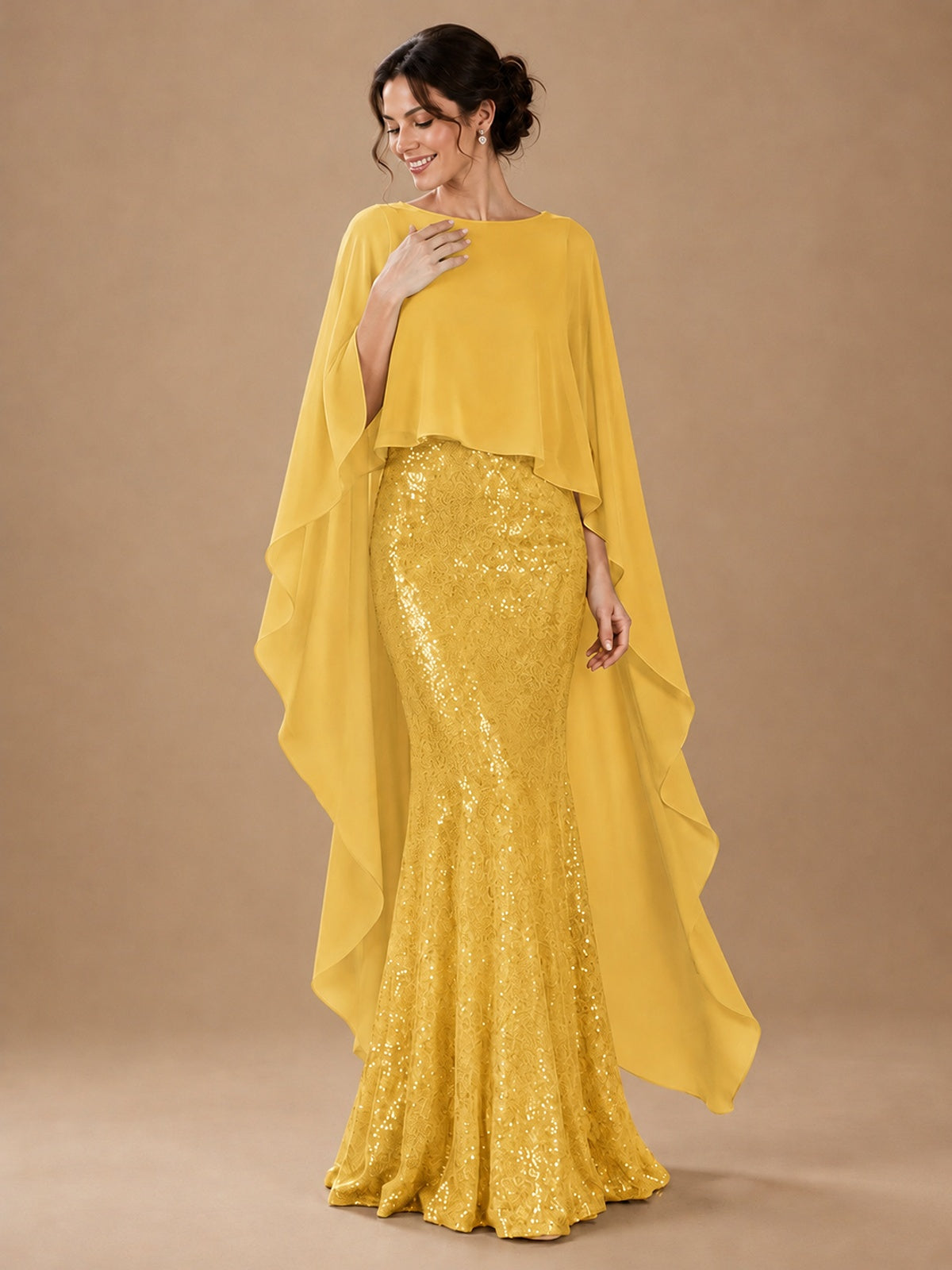 Sequin 2 Pieces Mother of the Bride Dress with Cap Sleeves Chiffon Formal Gowns
