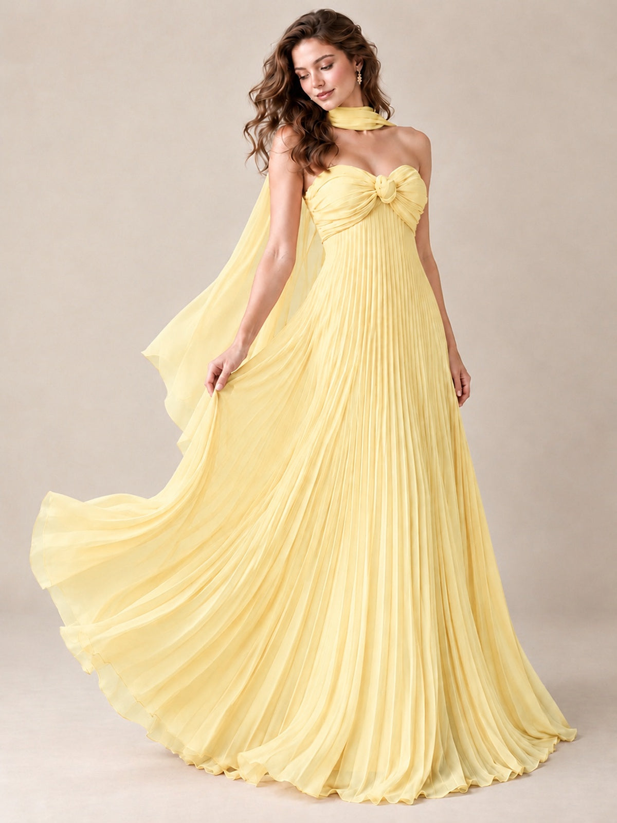 Sweetheart Neckline Pleated Prom Dress Strapless A-line Formal Dress with Flowy Scarf