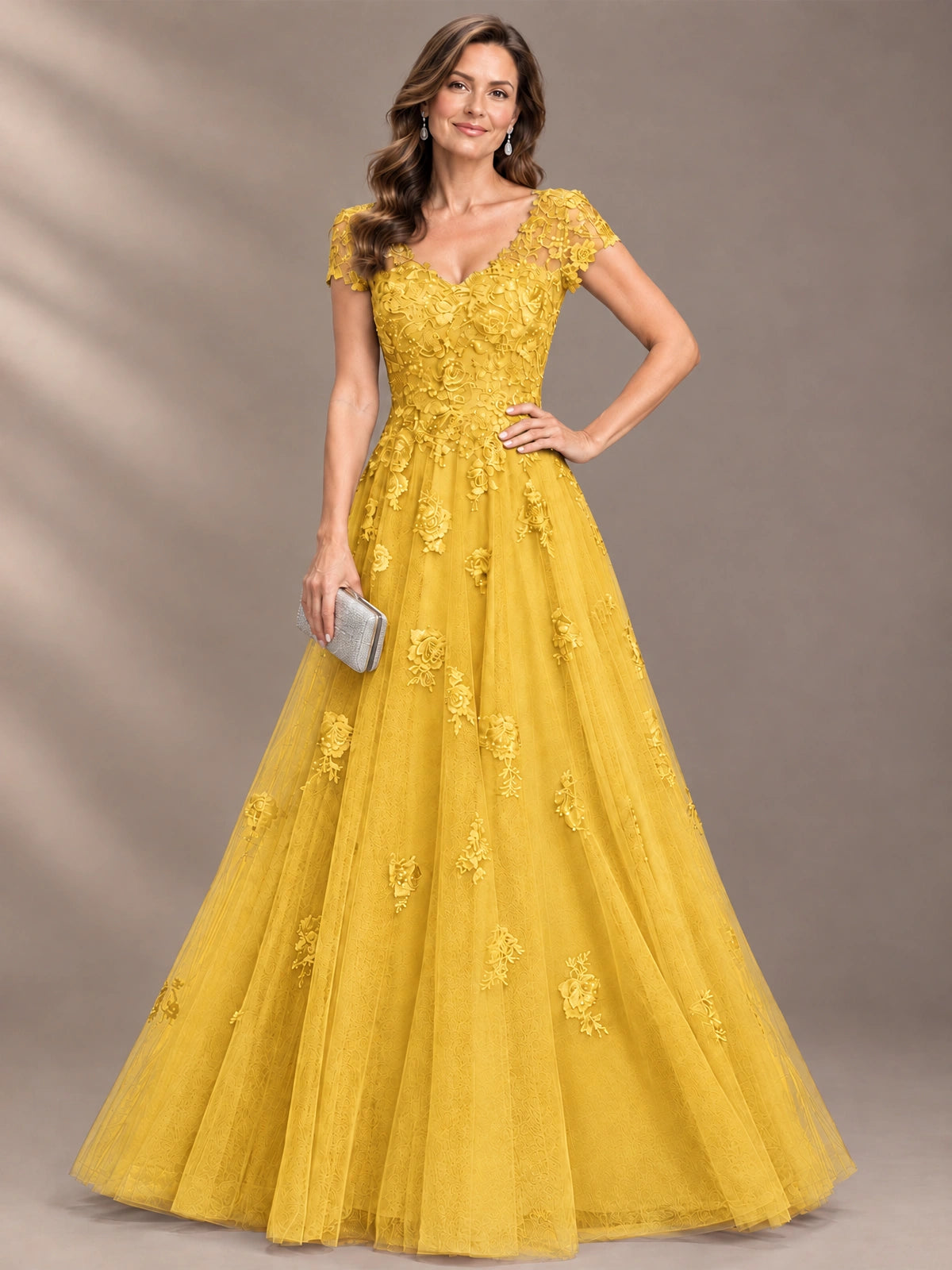 Lace Appliques A-line Mother of The Bride Dresses with Short Sleeves