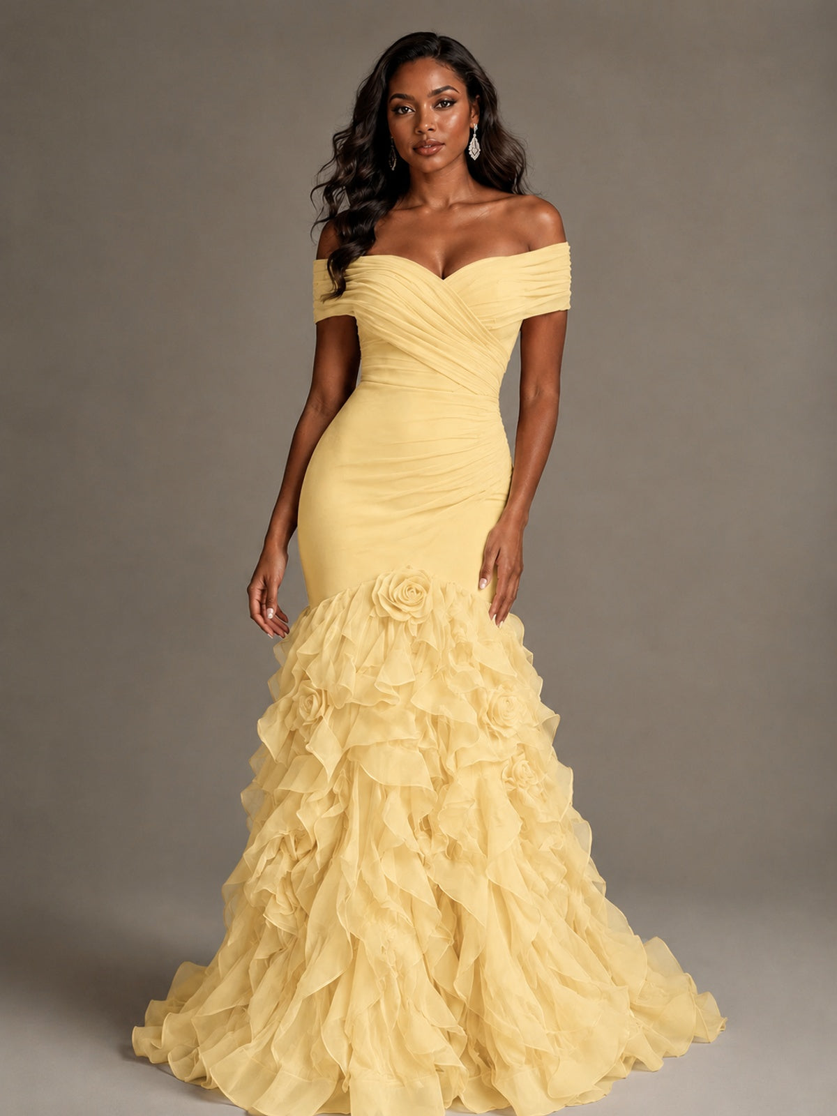 Pink Off-the-Shoulder Mermaid Prom Dress with Ruffles 3D Flowers