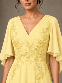 V-Neck Chiffon Lace Mother of the Bride Dress with Flutter Sleeves