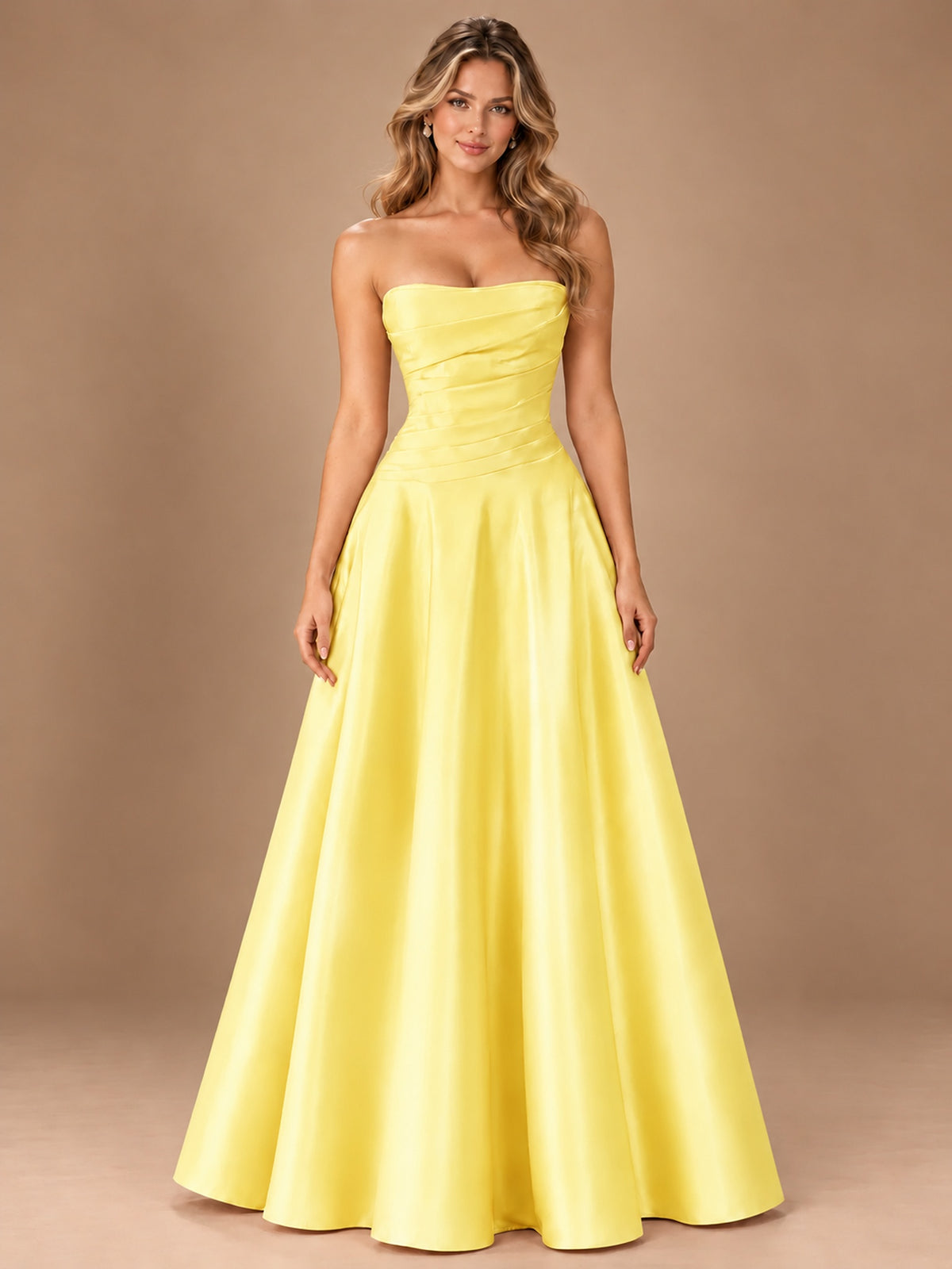 Blush Pink Strapless Satin A-Line Prom Dress with Ruched Bodice