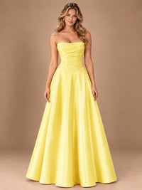 Blush Pink Strapless Satin A-Line Prom Dress with Ruched Bodice
