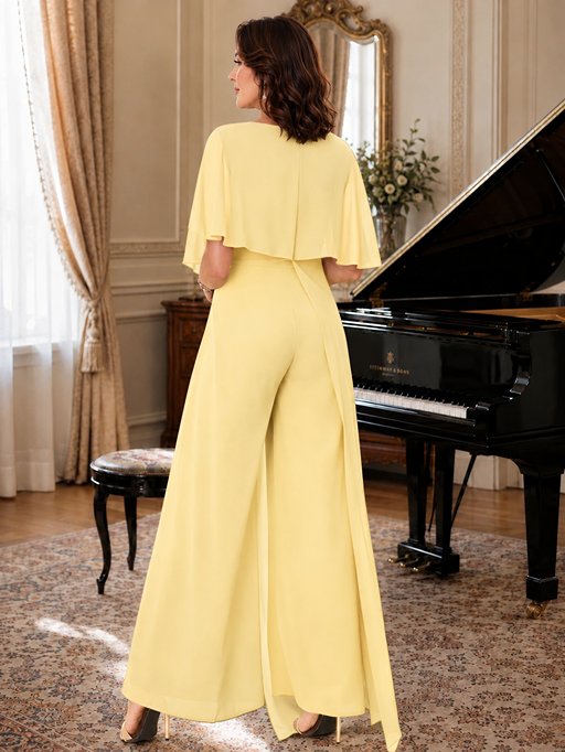 Chiffon Mother of the Bride Jumpsuit with Layered Cape Sleeves