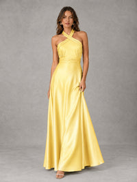 Sage Green Satin A-Line Bridesmaid Dress with Halter Neck