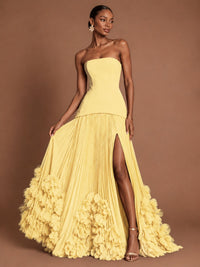 Strapless Pleated Floral Satin Formal Dress with Side Slit