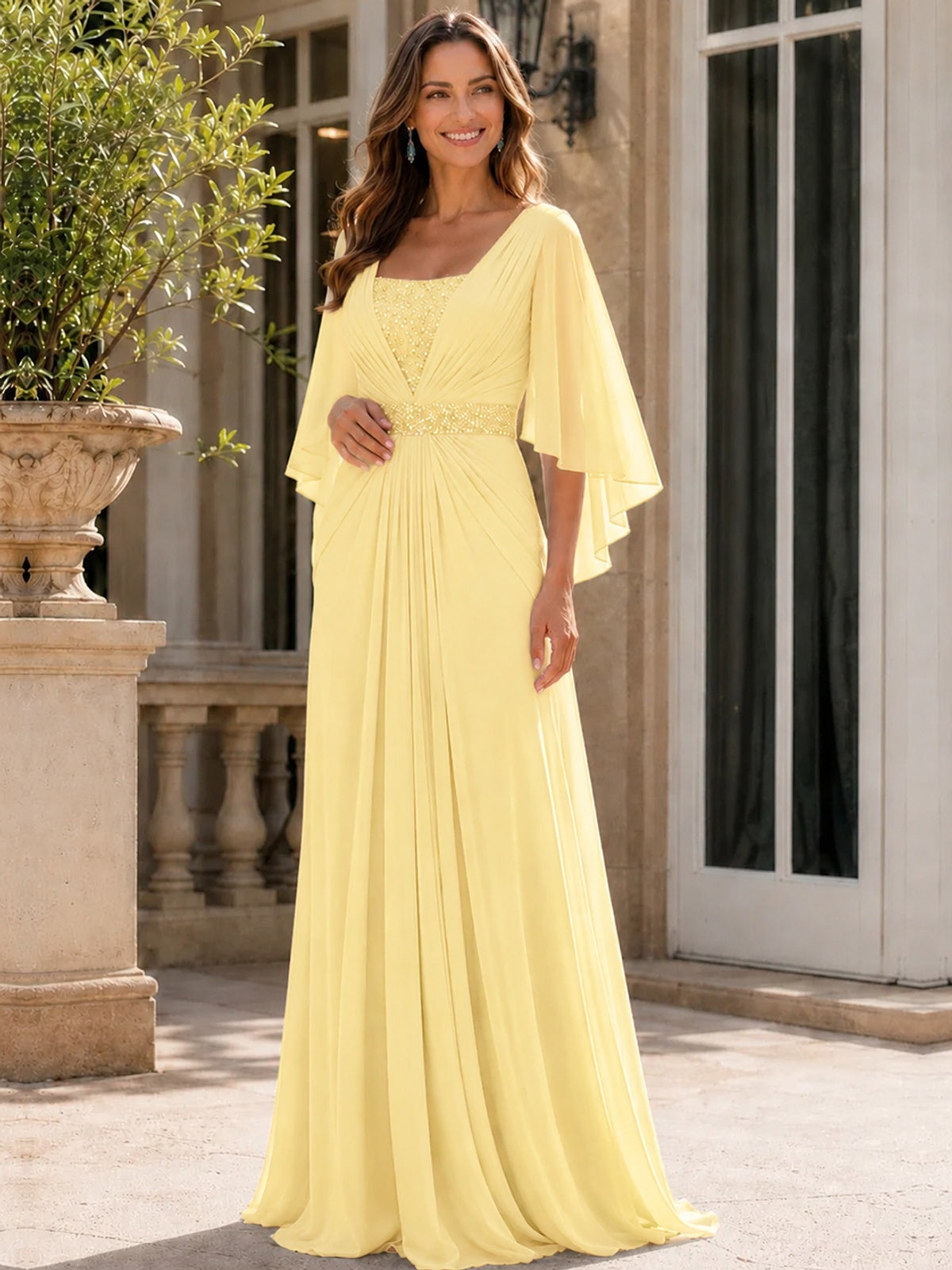Elegant V-Neck Sequined Chiffon Mother of the Bride Dress with Flutter Sleeves