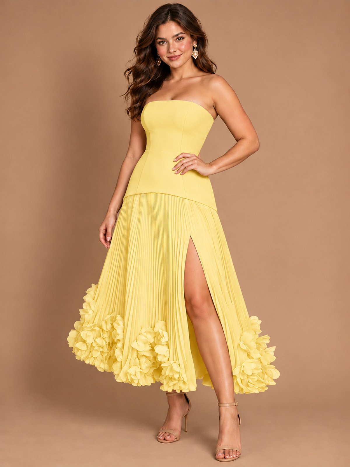 Navy Blue Strapless Pleated A-Line Midi Dress with 3D Floral Applique