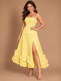 Navy Blue Strapless Pleated A-Line Midi Dress with 3D Floral Applique