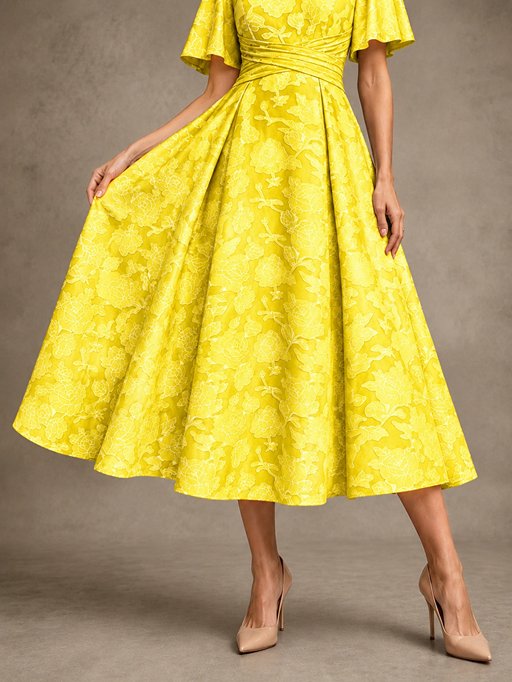 V-Neck Floral Jacquard Tea-Length Mother of the Bride Dress
