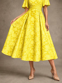 V-Neck Floral Jacquard Tea-Length Mother of the Bride Dress
