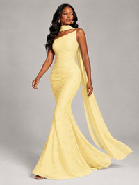Pleated Chiffon Lace Prom Dresses Long Bodycon Mermaid with Scarf