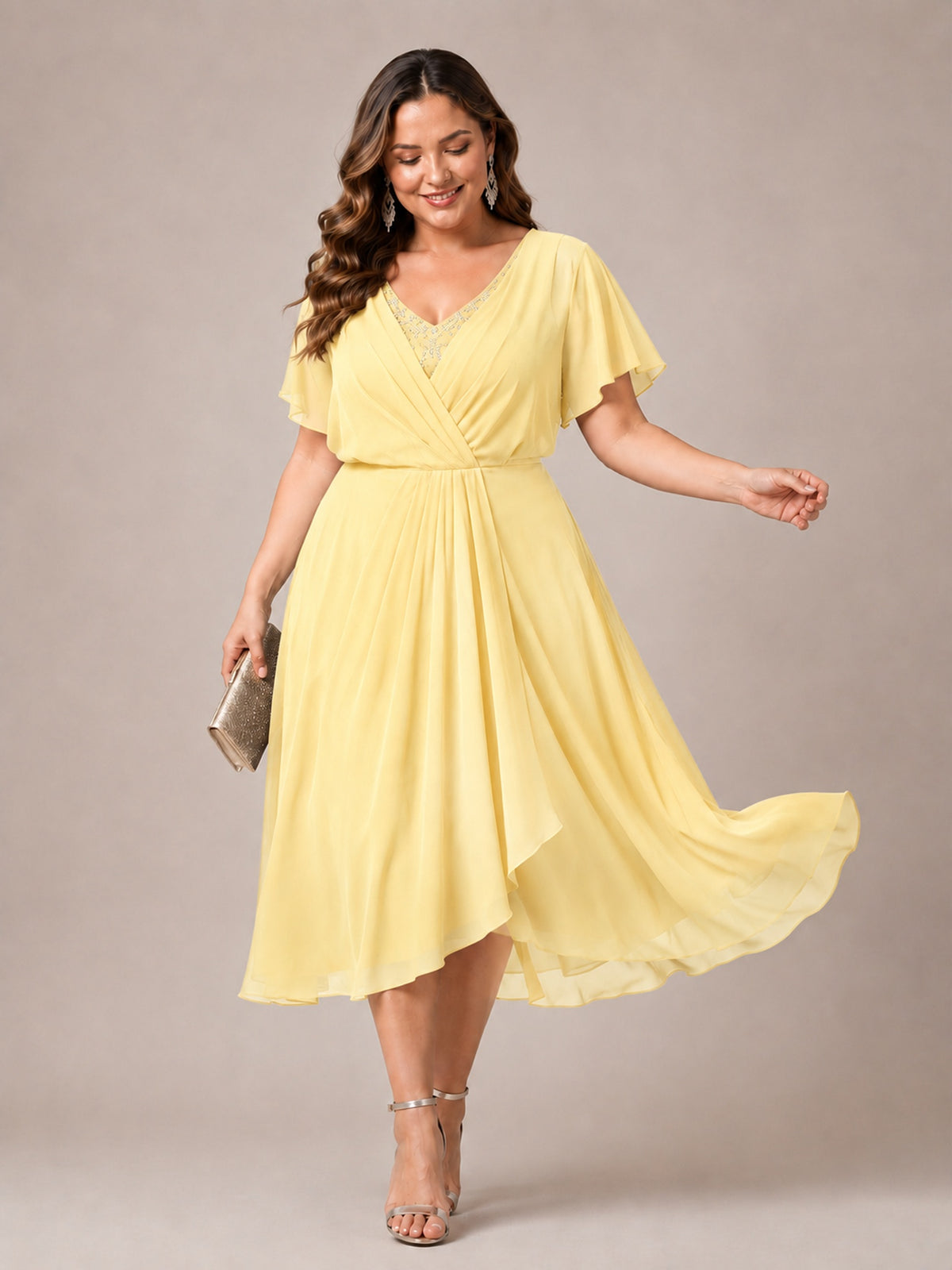 Navy Blue A-Line V-Neck Tea-Length Mother of the Bride Dress