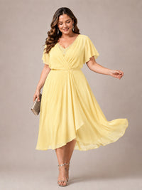 Navy Blue A-Line V-Neck Tea-Length Mother of the Bride Dress