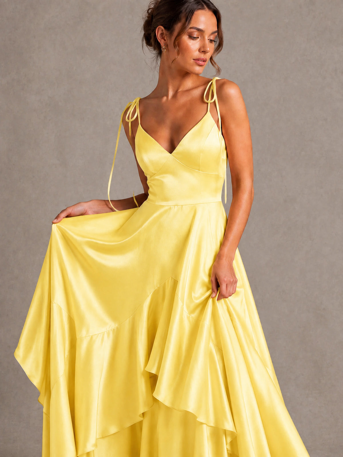 Lavender Satin V-Neck Ruffle Maxi Dress
