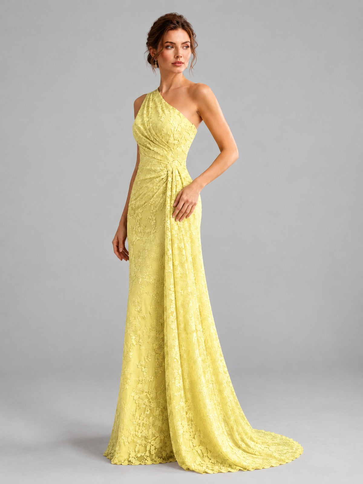 One-Shoulder Ruched Floral Lace Floor-Length Prom Dress