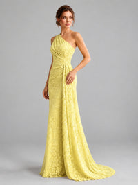 One-Shoulder Ruched Floral Lace Floor-Length Prom Dress