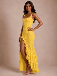 Square-Neck Lace Ruffle High-Low Maxi Dress