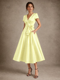 V-Neck Tea-Length Satin Mother of the Bride Dress with Bow