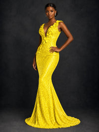 Gold Sequin Floral Applique Mermaid Prom Dress
