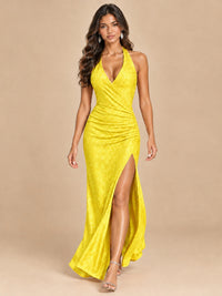 Halter V-Neck Sequin Mermaid Prom Dress with High Slit