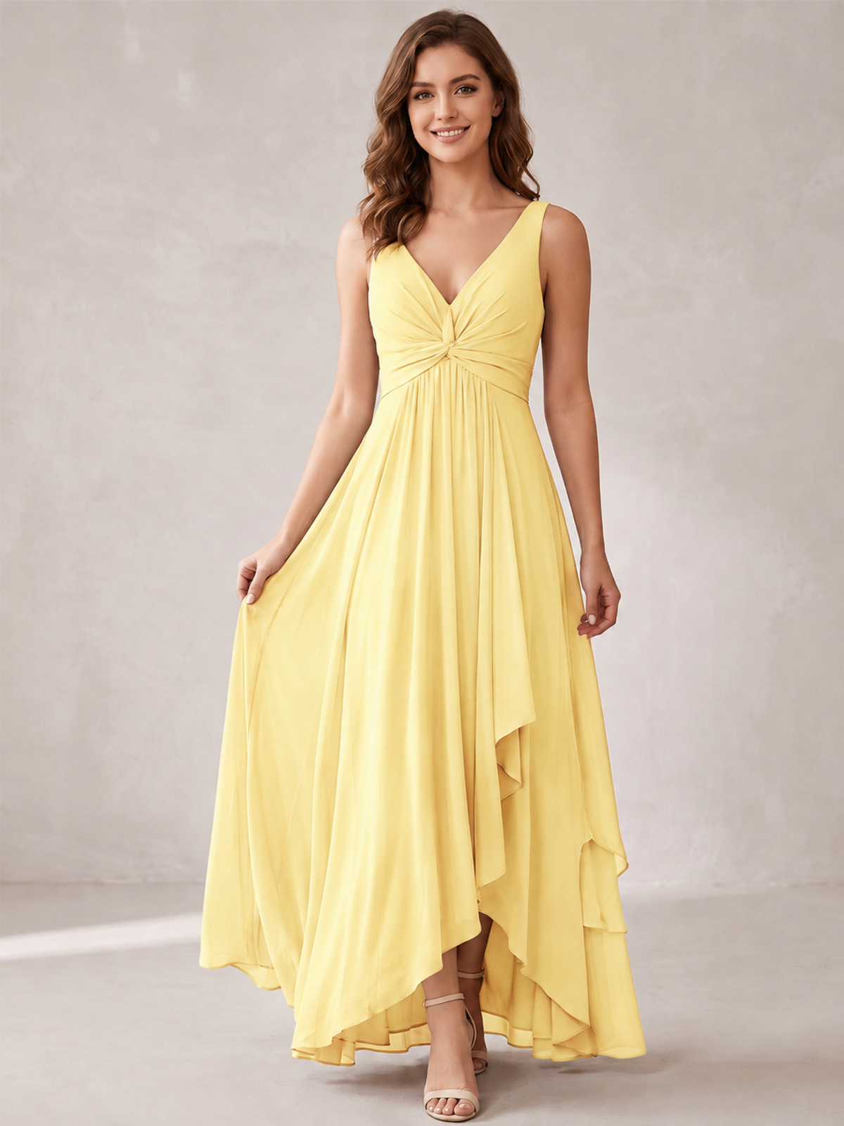 V-Neck High-Low Chiffon Bridesmaid Dress with Ruffles