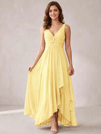 V-Neck High-Low Chiffon Bridesmaid Dress with Ruffles