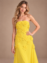 Yellow Strapless A-line Satin Maxi Dress with 3D Floral