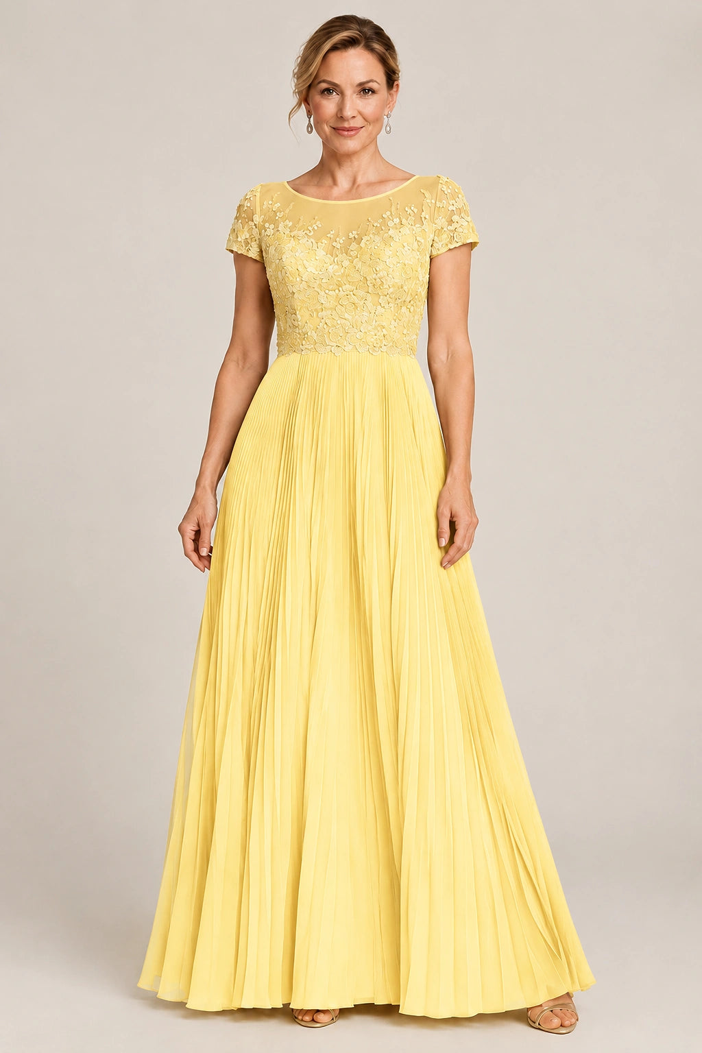 Embroidered Lace Pleated Mother of the Bride Dress