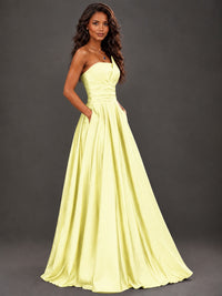 Draped Satin Prom Dress Strapless A-line Formal Dress Floor Length