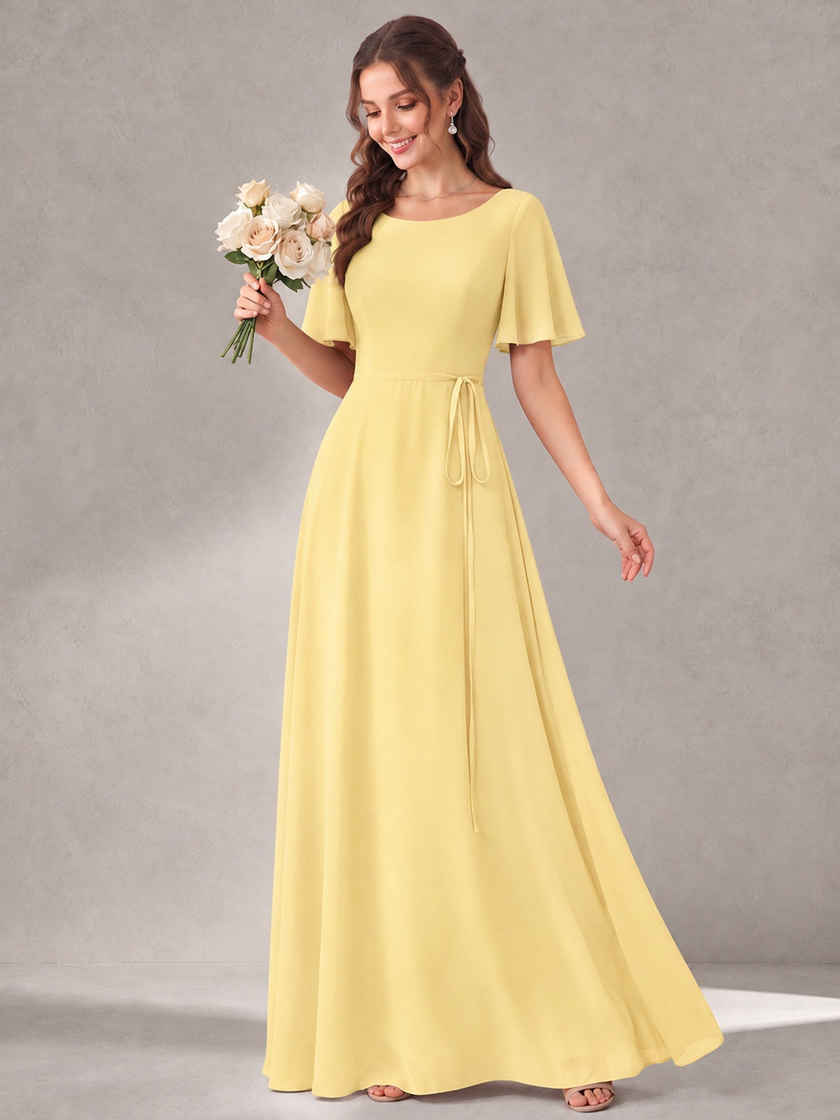 Scoop Neck A-line Chiffon Bridesmaid Dress with Flutter Sleeve & Belt
