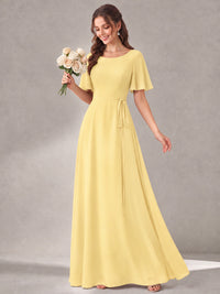 Scoop Neck A-line Chiffon Bridesmaid Dress with Flutter Sleeve & Belt