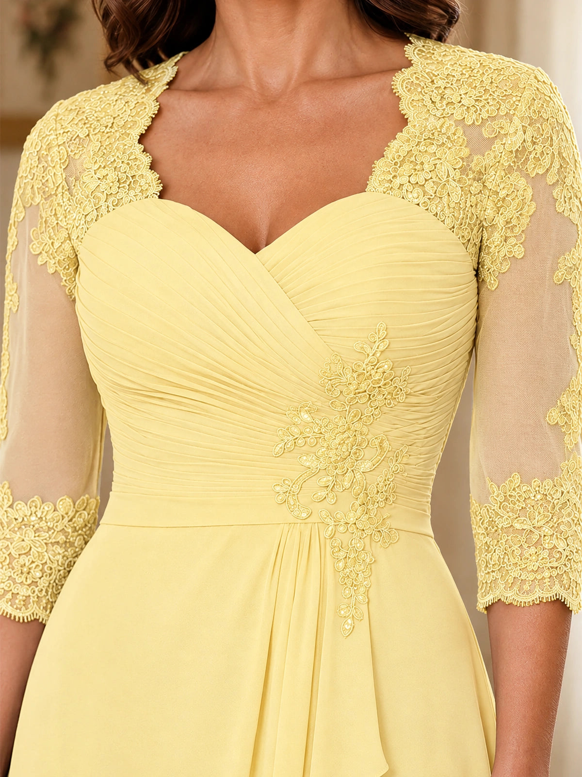 Chiffon Lace Applique Mother of the Bride Dress with 3/4 Sleeves