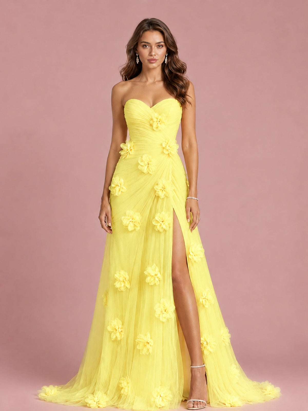 3D Floral Applique Strapless Tulle Prom Dress with High Slit