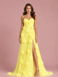 3D Floral Applique Strapless Tulle Prom Dress with High Slit