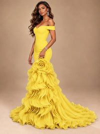 Dusty Blue Off-the-Shoulder Mermaid Prom Dress with 3D Rose & Ruffles