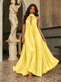 Rust Orange Pleated Halter Neck Maxi Dress