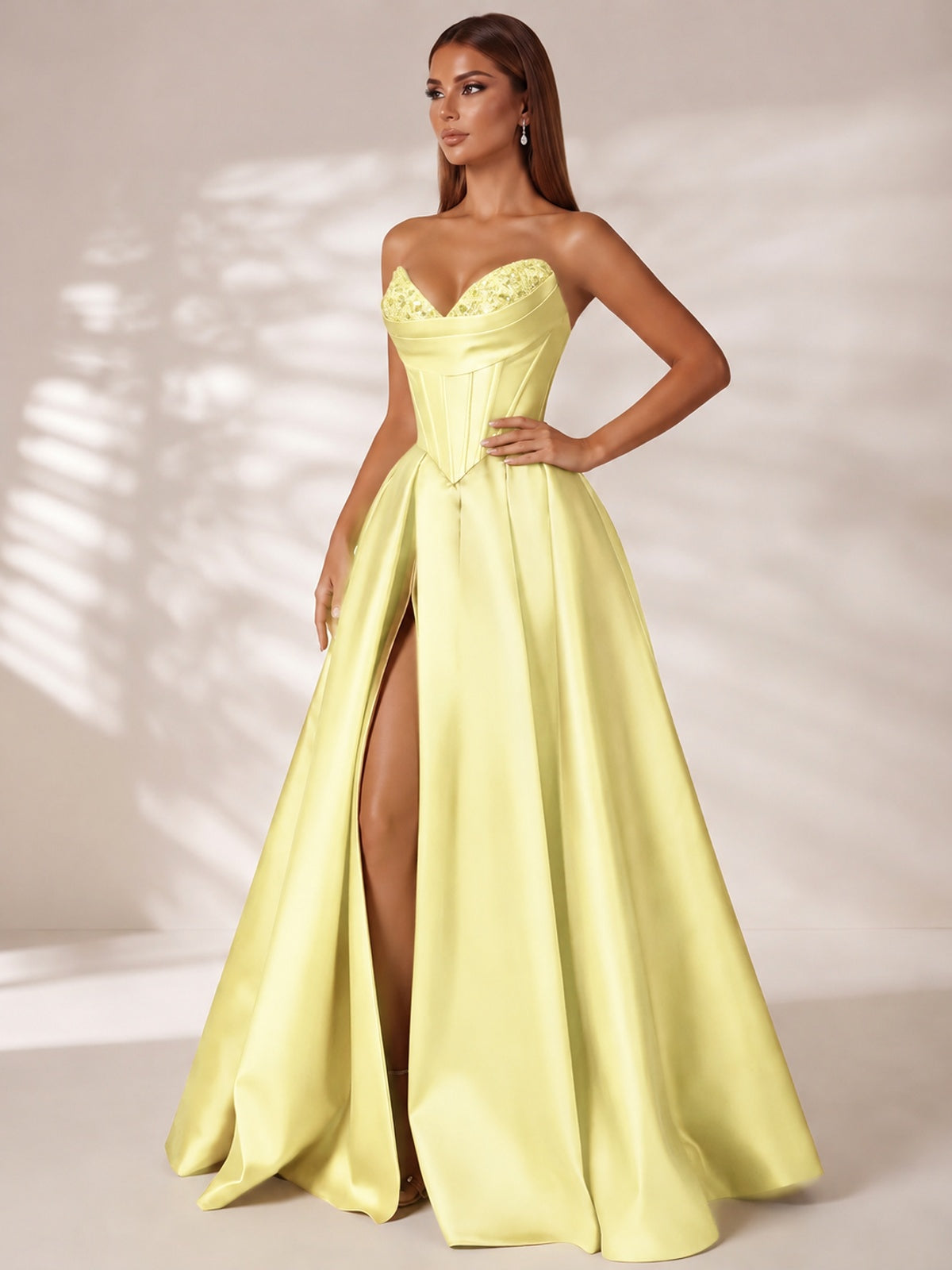Strapless Corset Satin Prom Dress Long Evening Gown with High Slit