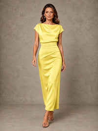 Cowl Neck Satin Mother of the Bride Dress with Ruched Waist