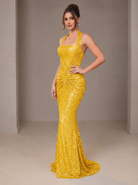 Gold Halter Sequin Mermaid Ruched Prom Dress Long Ruched Evening Gown