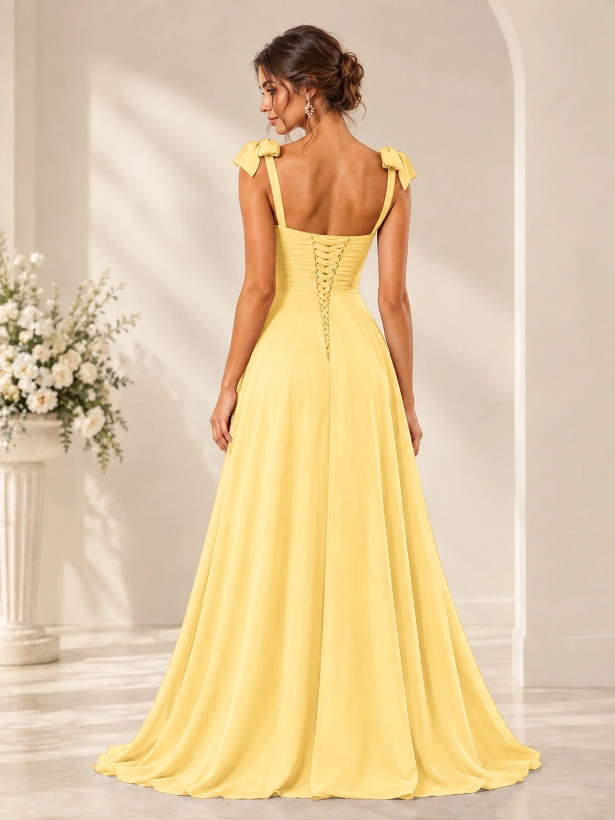 Ruffle Slit Chiffon A Line Scoop Neck Bridesmaid Dresses with Pockets