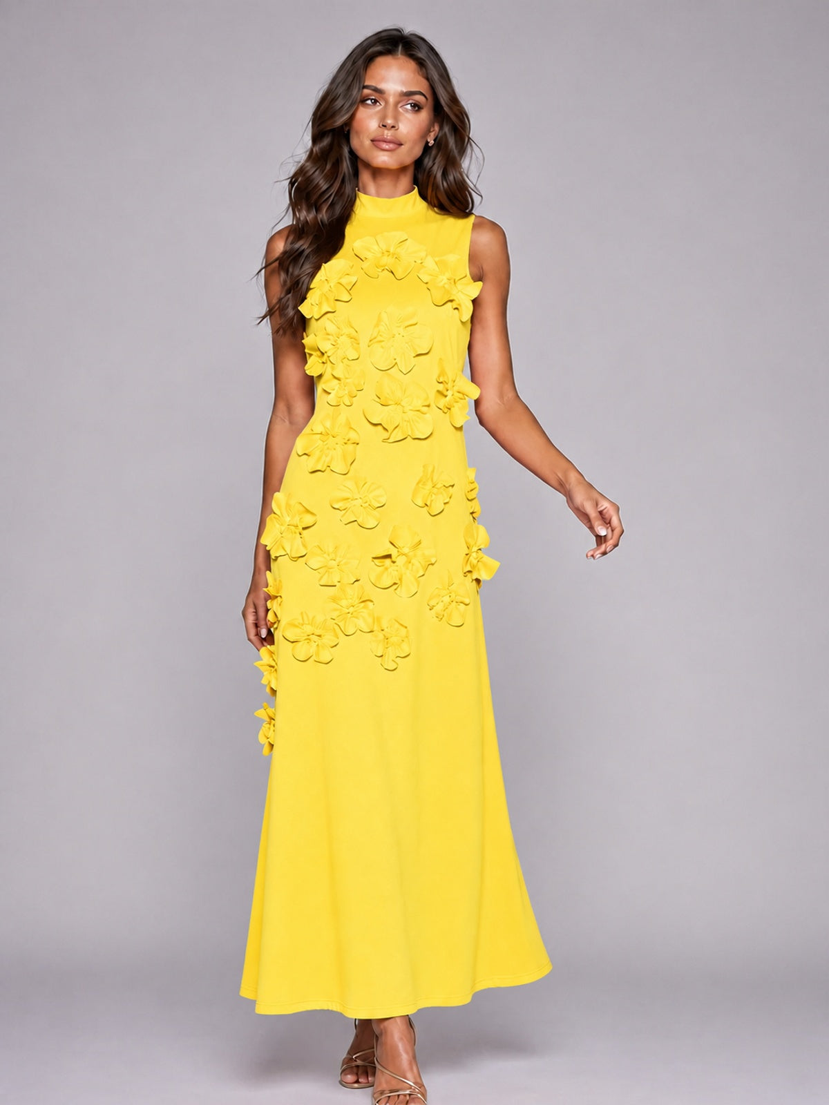 3D Floral Applique High Neck Prom Maxi Dress