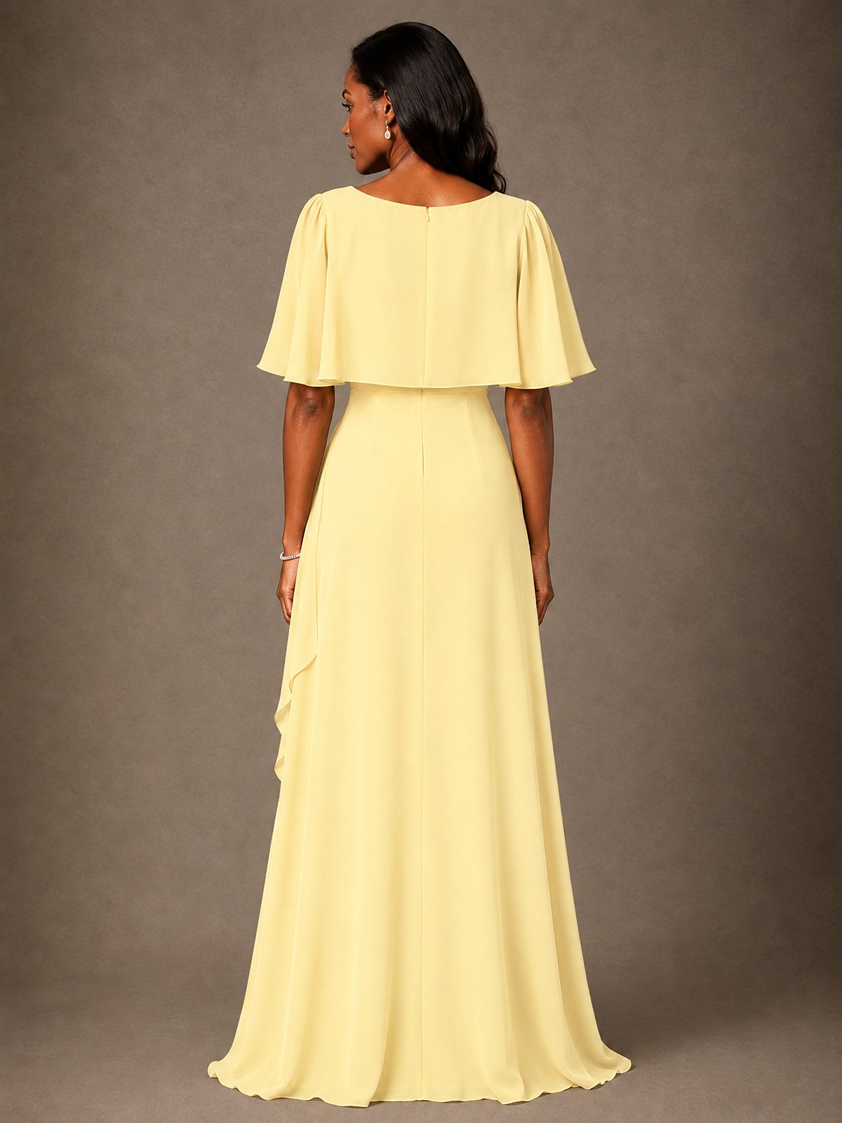 Taupe Chiffon A-Line Mother of the Bride Dress with Cape Sleeves