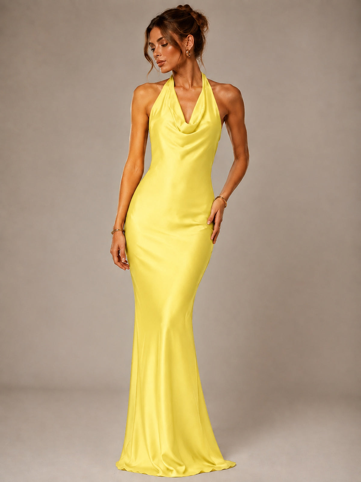 Olive Green Halter Satin Mermaid Maxi Dress