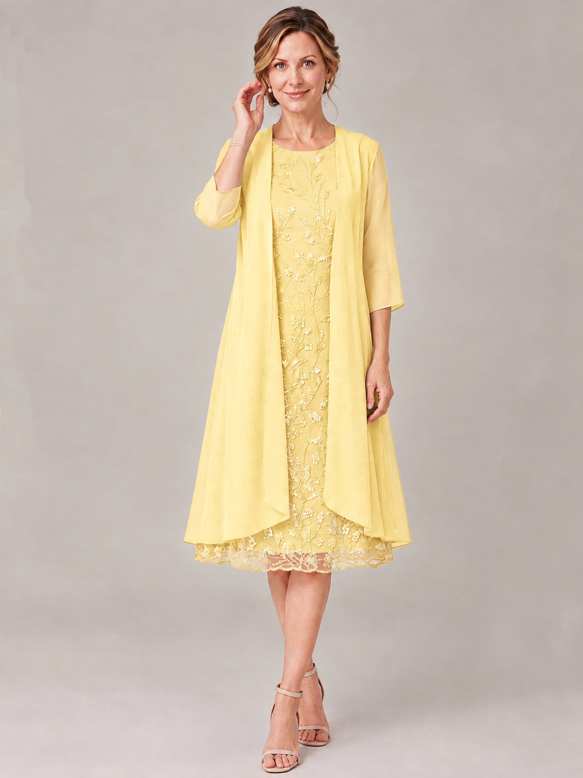 Tea Length Sequin Lace Mother of The Bride Dress with Chiffon Jacket