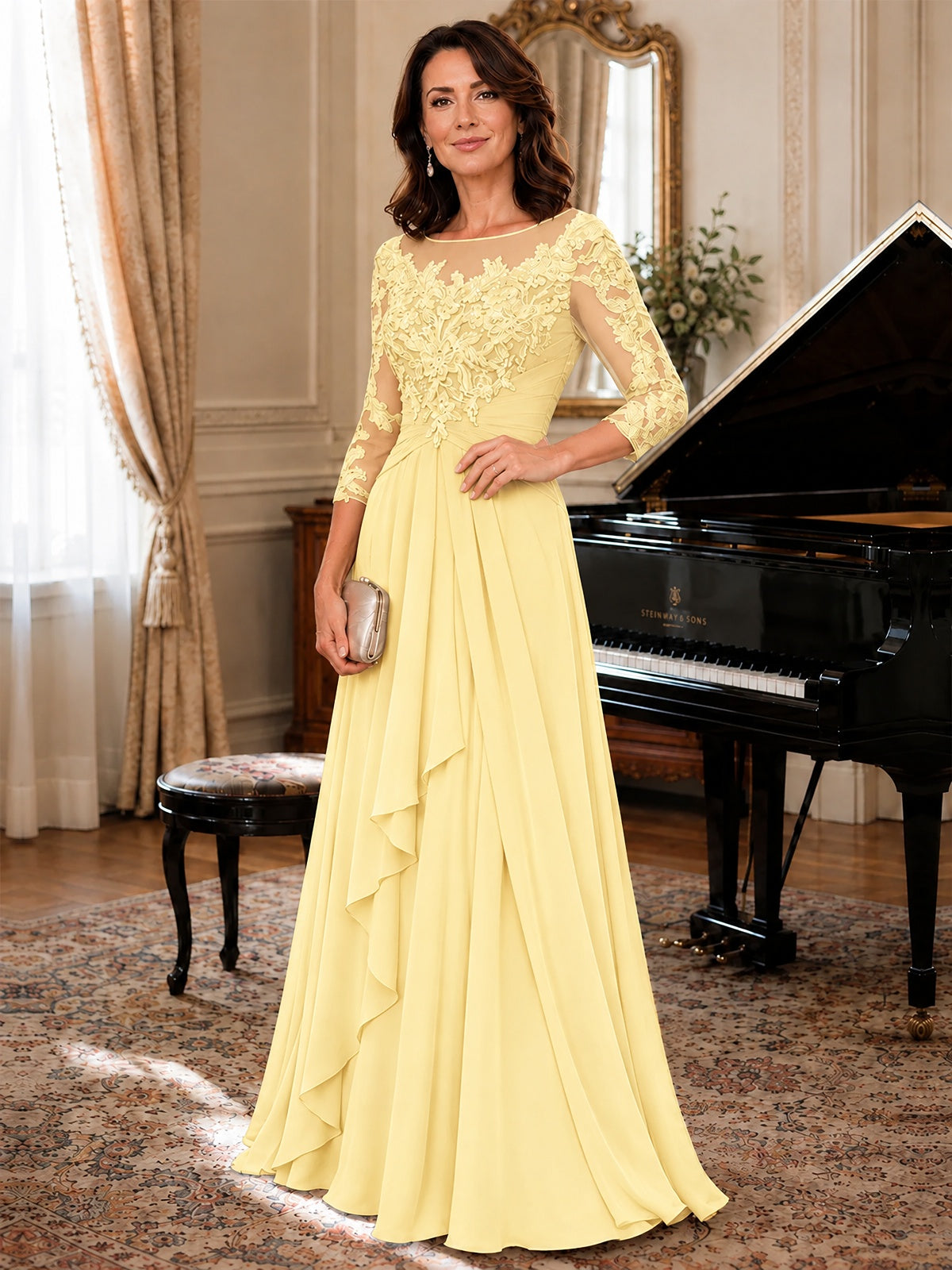 A-Line Chiffon Mother of the Bride Dress with Floral Applique 3/4 Sleeves