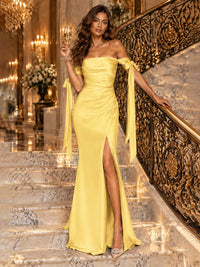 Off The Shuolder Satin Prom Dress Slit Mermaid Formal Gowns