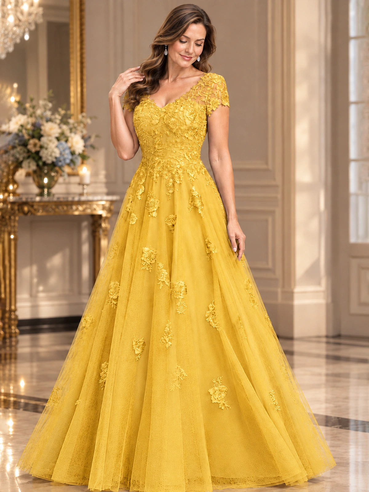 Lace Appliques A-line Mother of The Bride Dresses with Short Sleeves