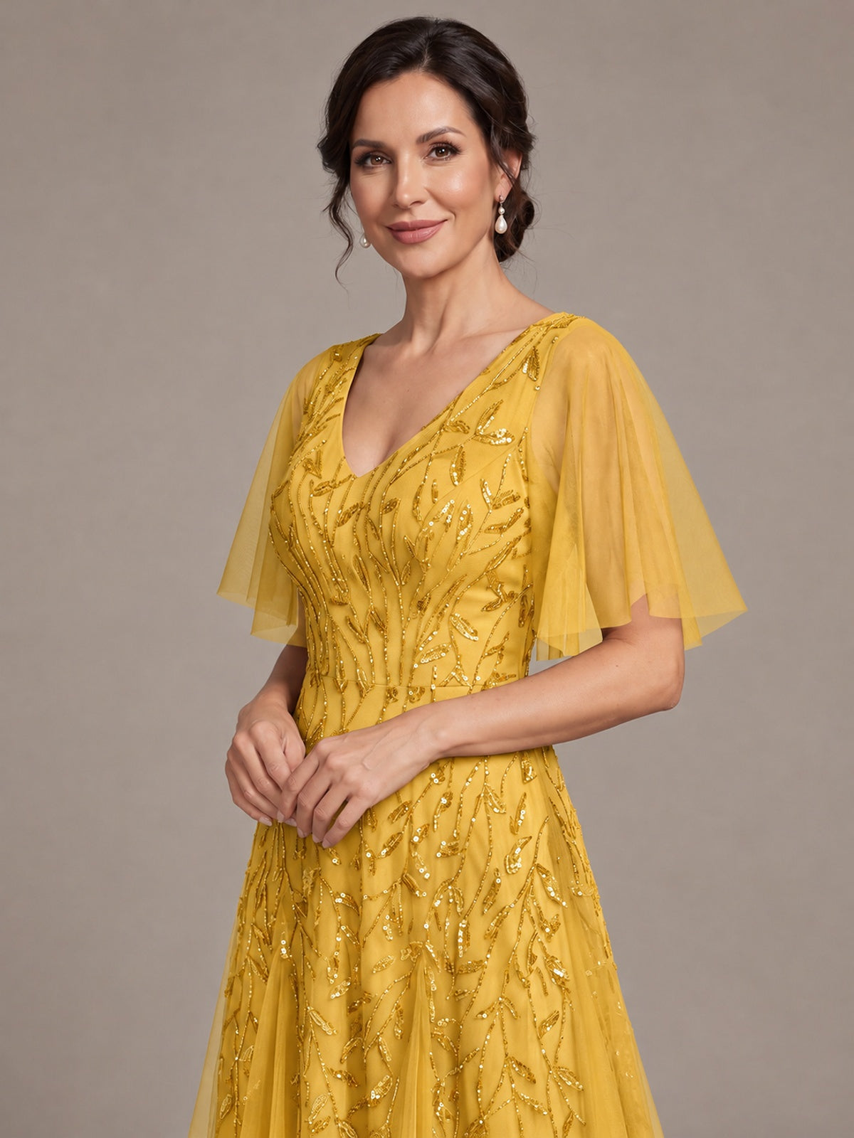 V-Neck Sequin Tulle Mother of the Bride Dress with Flutter Sleeve